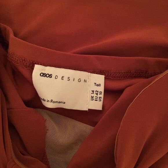 ASOS Tall Drape Twist Front Bandeau Maxi Dress With Invisible Mesh In Rust - Picture 8 of 8